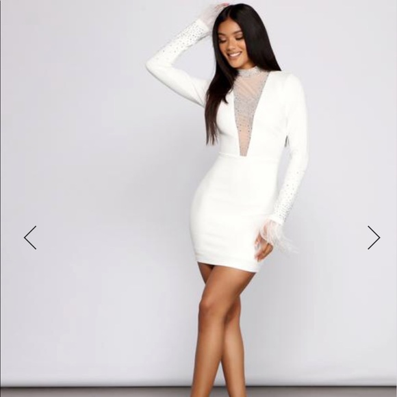 White Rhinestone Feather Dress 